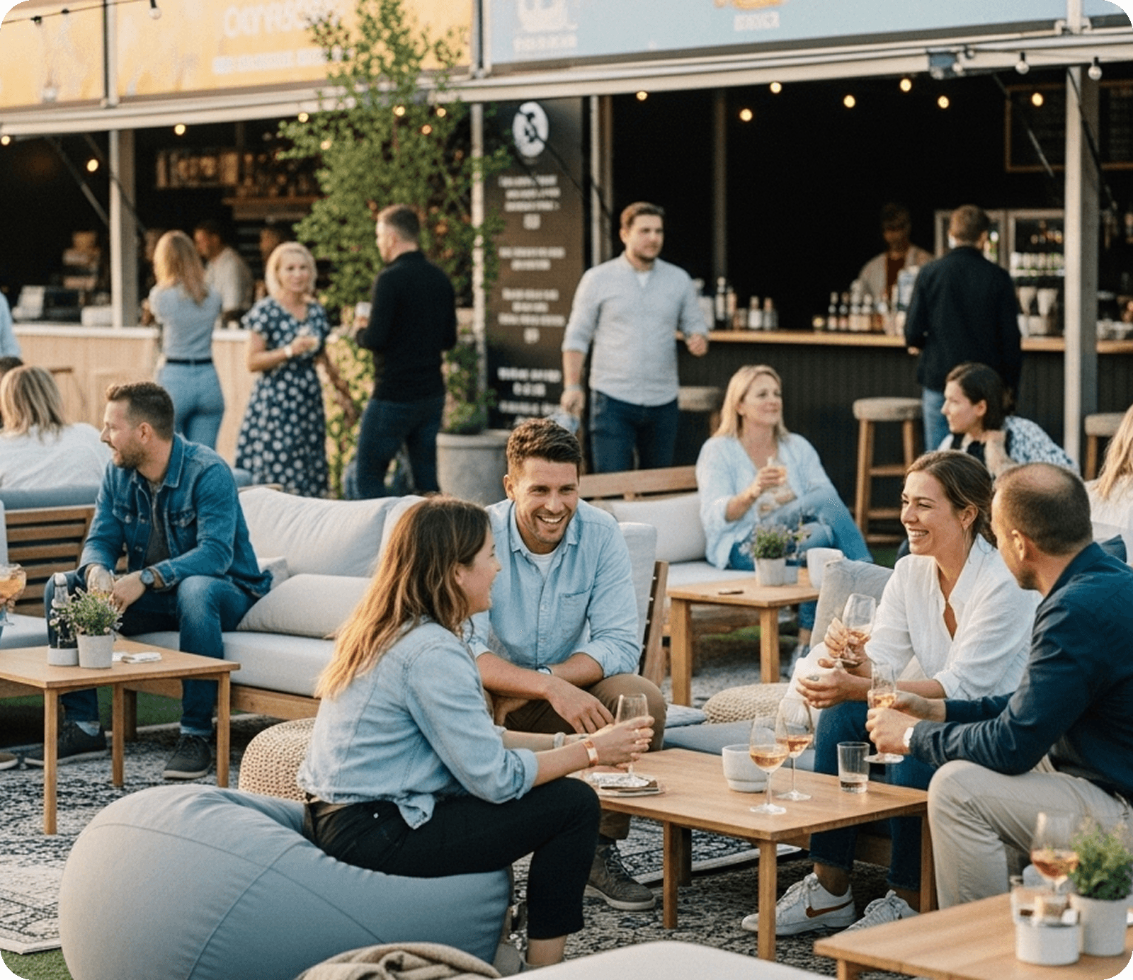 Chill lounge areas near food and bar