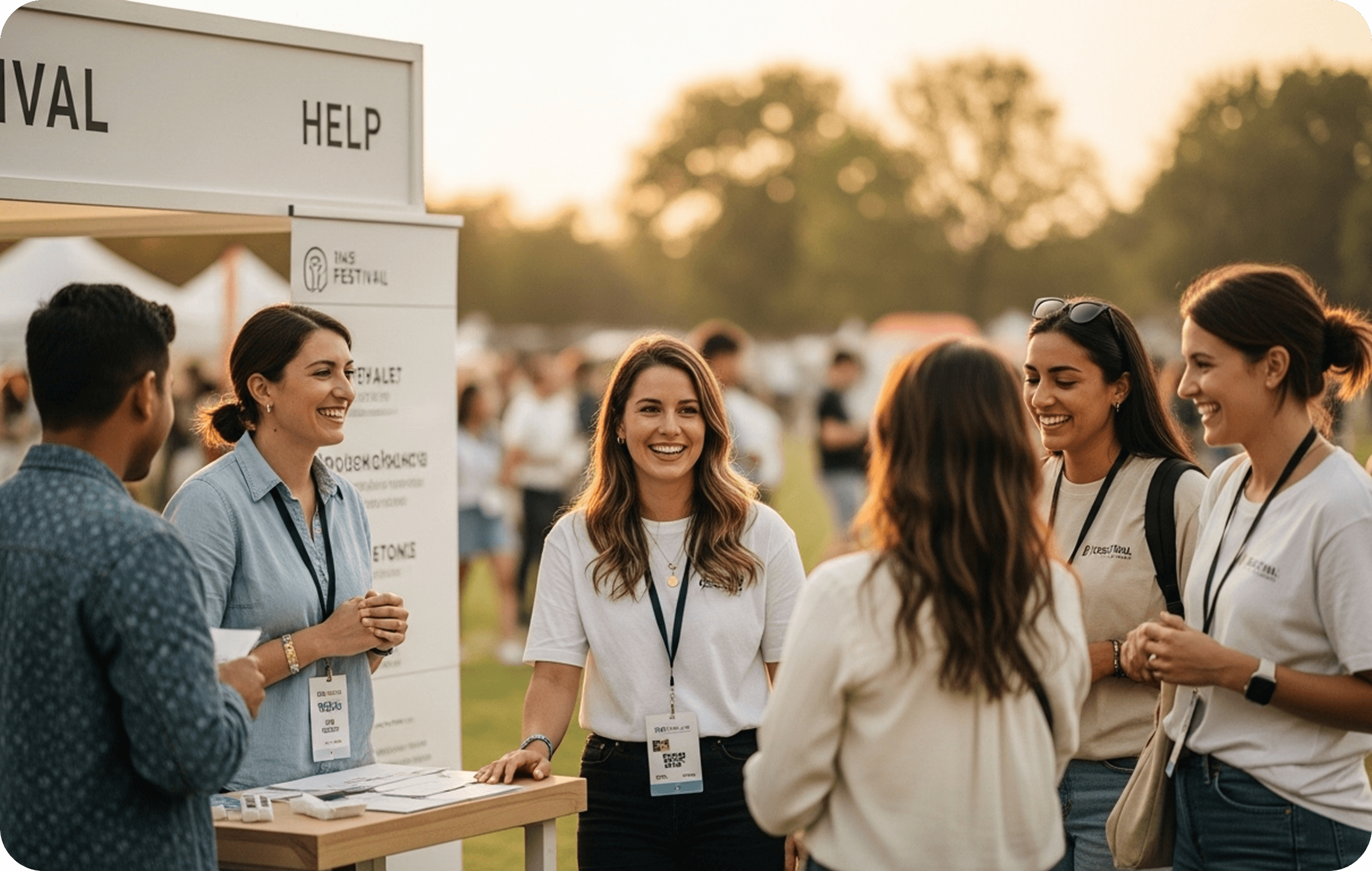 Loveville team members speaking with guests