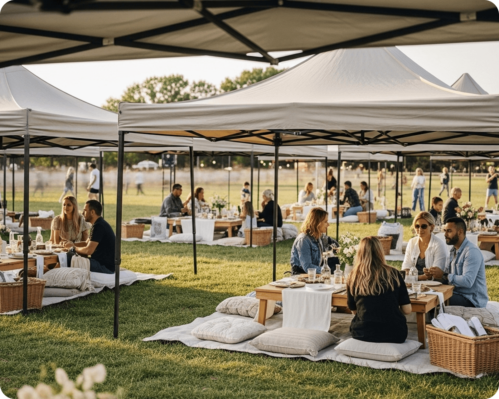 Tented picnic zones with tables and chairs