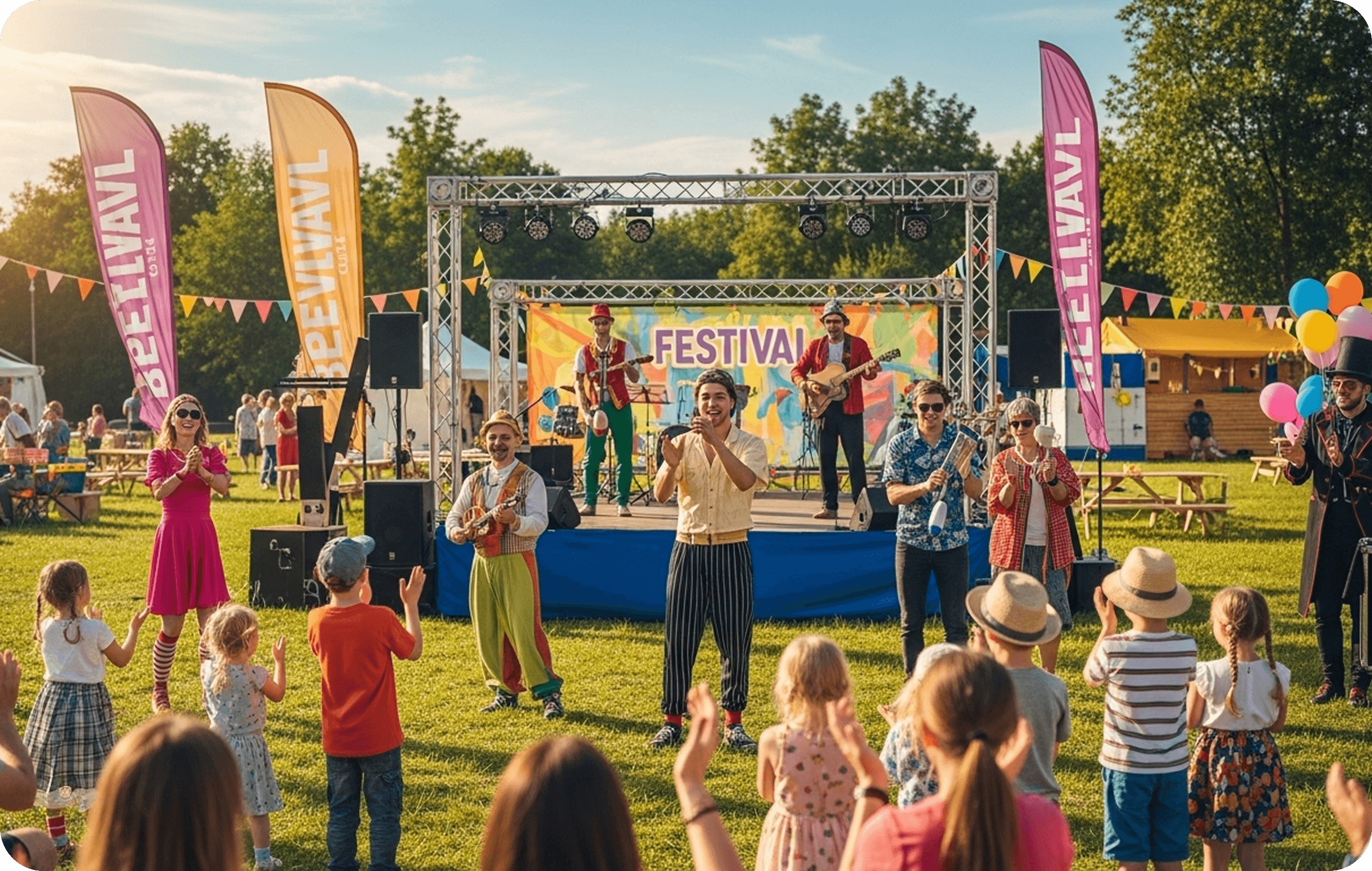 Performers entertaining families at Loveville