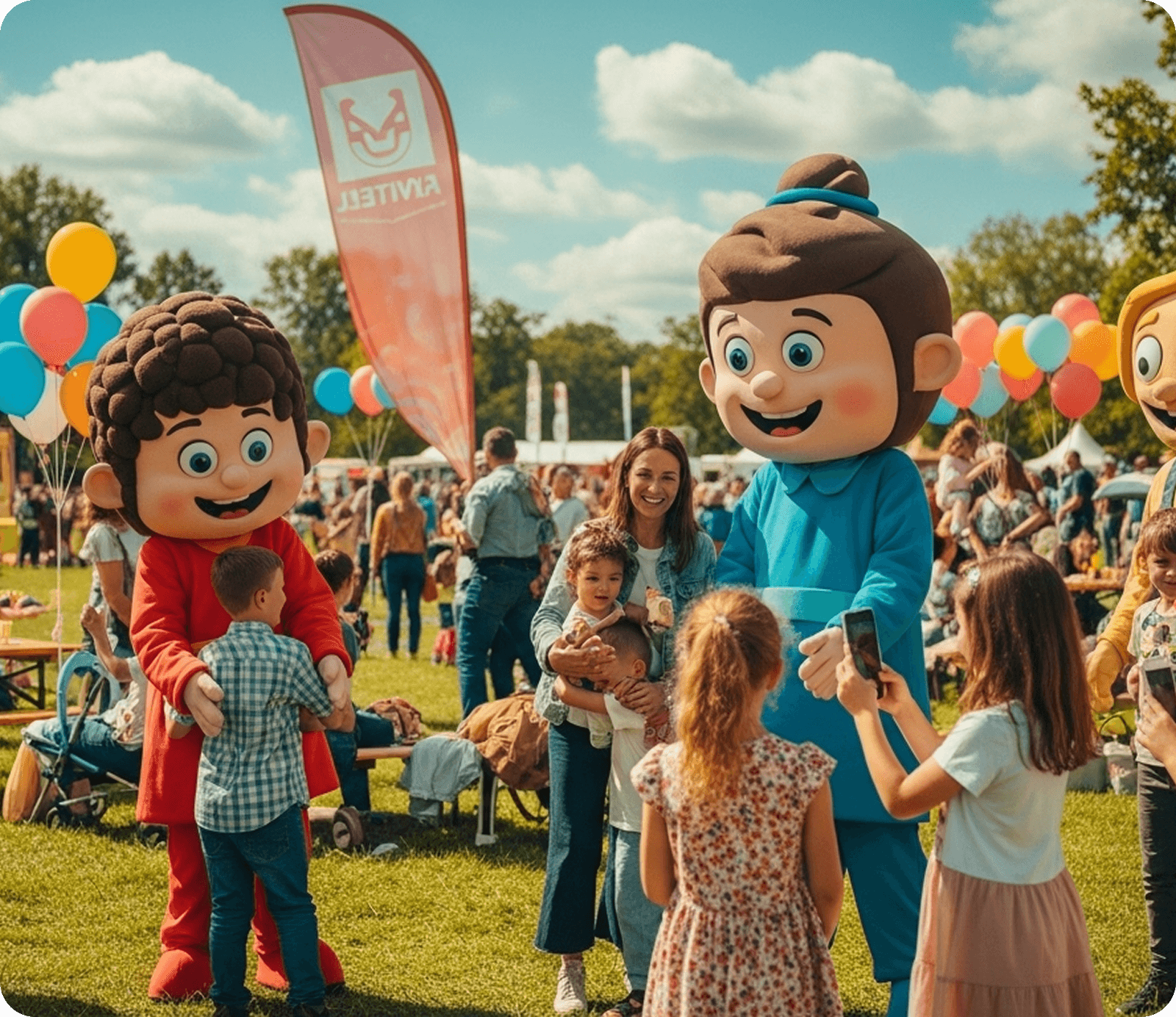 Life-size cartoon characters greeting families