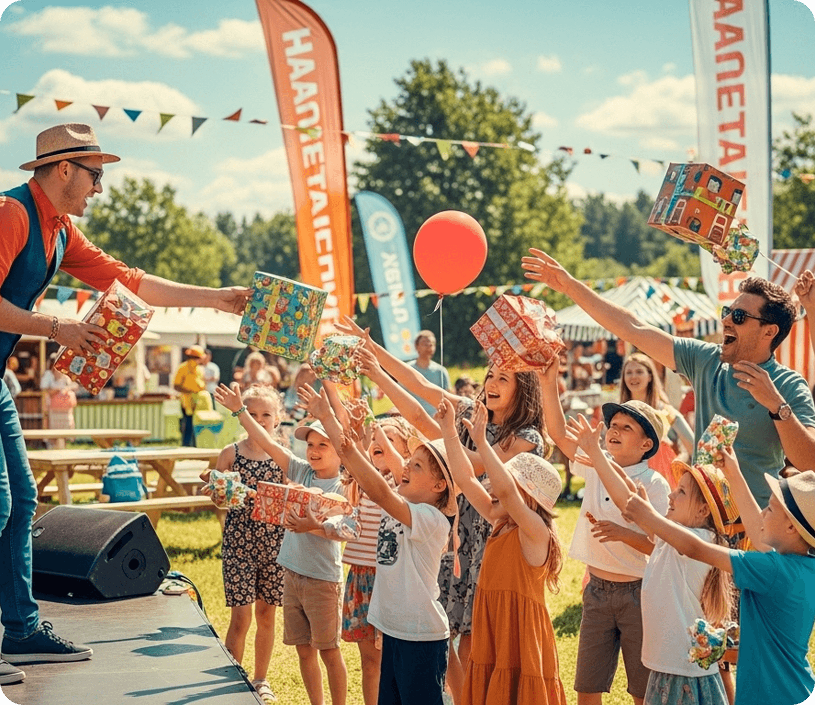 Festival host doing crowd giveaways