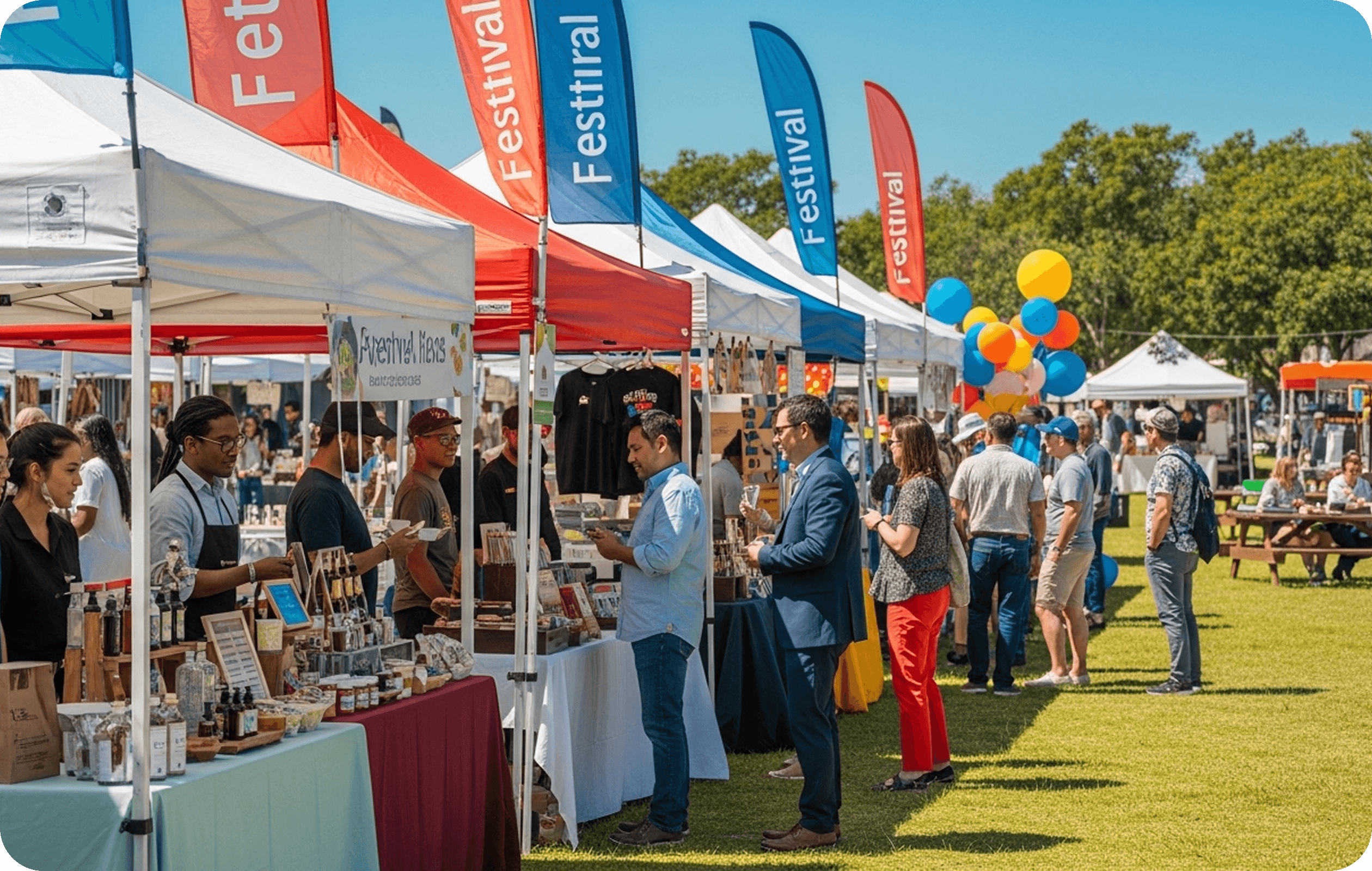 Festival vendor booths and visitors at Loveville